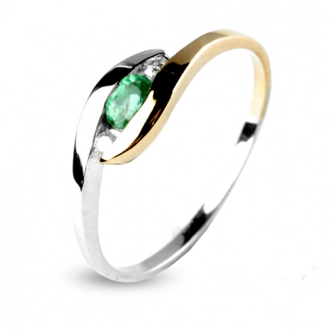 Bague Emeraude sertis de deux diamants deux ors