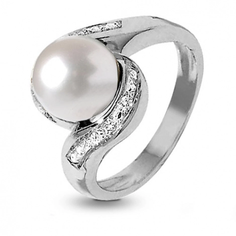 Bague perle blanche et diamants or blanc