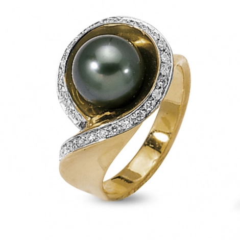 Bague perle de  Tahiti sertie de diamants 0.30 ct or jaune