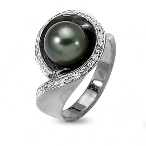 Bague perle de  Tahiti sertie de diamants 0.30 ct or blanc