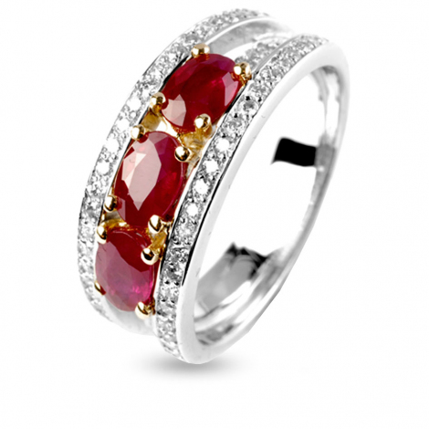 Bague rubis trilogie et diamants
