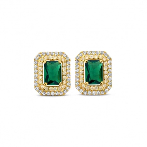 Boucles d'oreilles argent plaqu or pierre verte au centre et oxydes- Naiomy
