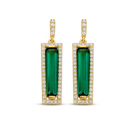 Boucles d'oreilles argent plaqu or pierre verte au centre et oxydes - Naiomy