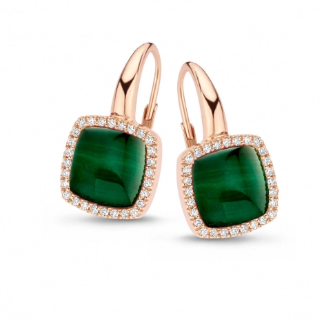 Boucles d'oreilles cristal de roche sur malachite et diamants One More