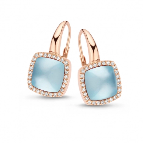Boucles d'oreilles topaze Swiss Blue sur nacre et diamants One More