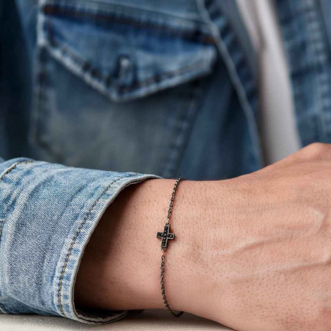 Bracelet croix Mano J - Diamant noir - Titane or