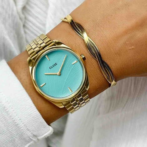 Cluse Froce Petite Watch Steel, Leaf Texture Pool Blue, Gold Colour 