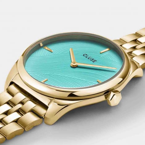Cluse Froce Petite Watch Steel, Leaf Texture Pool Blue, Gold Colour 