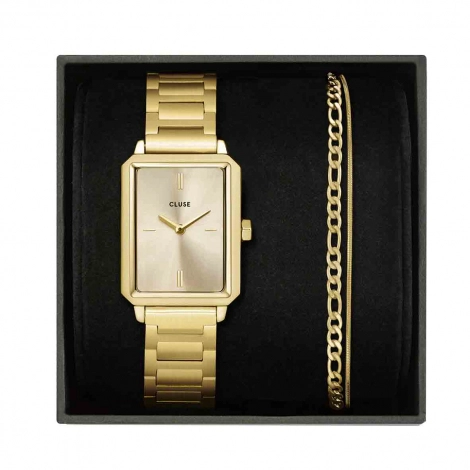 Coffret de Montre Cluse Fluette Watch Steel & Double Chain Bracelet, Full Gold Colour 