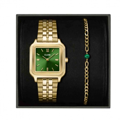 Coffret de Montre Cluse Gracieuse Watch Steel Forest Green & Malachite Bracelet, Gold Colour 