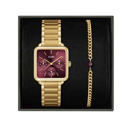 Coffret Montre Cluse Ttragone Multifunction Watch Steel, Dark Cherry & Bead Bracelet