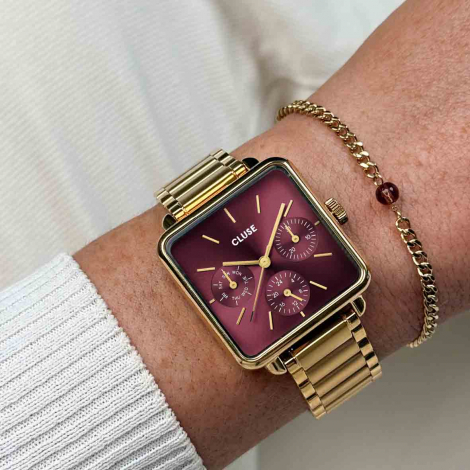 Coffret Montre Cluse Ttragone Multifunction Watch Steel, Dark Cherry & Bead Bracelet