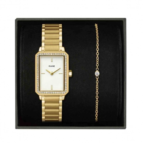 Coffret Montre Fluette Watch Steel, White Stones & Zircon Bracelet, Gold Colour 