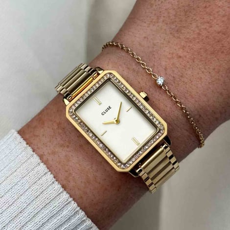 Coffret Montre Fluette Watch Steel, White Stones & Zircon Bracelet, Gold Colour 