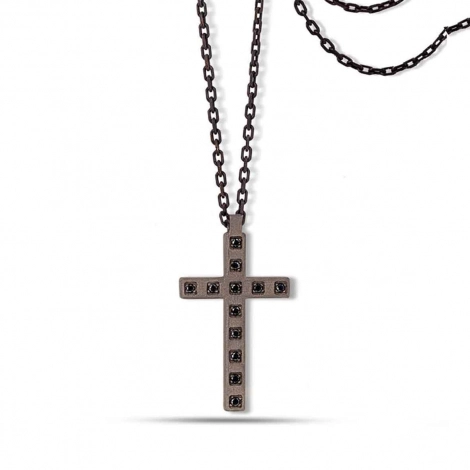 Collier Croix mano J - Diamants noirs - Titane et or