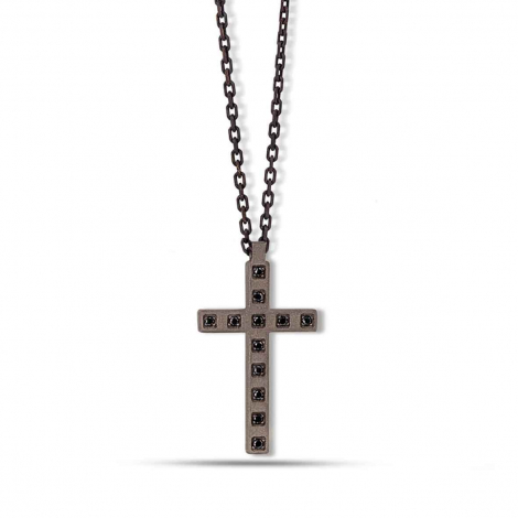 Collier Croix mano J - Diamants noirs - Titane et or