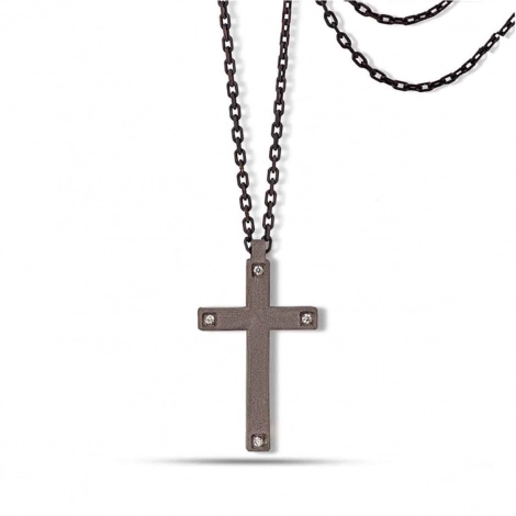 Collier Croix mano J - Diamants noirs - Titane et or