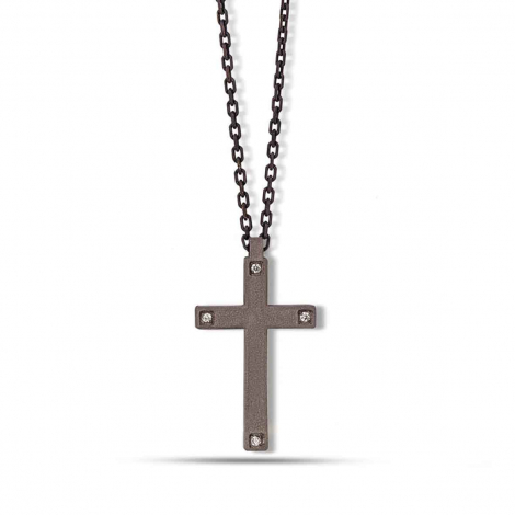 Collier Croix mano J - Diamants noirs - Titane et or