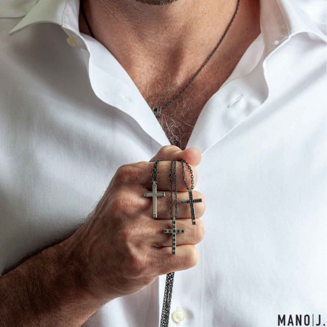 Collier Croix mano J - Diamants noirs - Titane et or