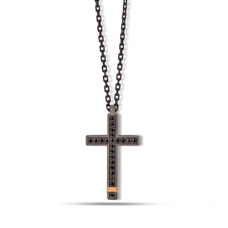 Collier Croix mano J - Diamants noirs - Titane et or