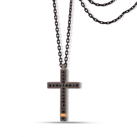 Collier Croix mano J - Diamants noirs - Titane et or