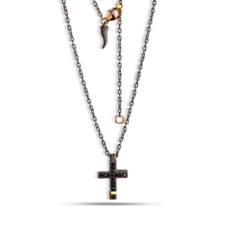 Collier Croix mano J - Diamants noirs - Titane et or