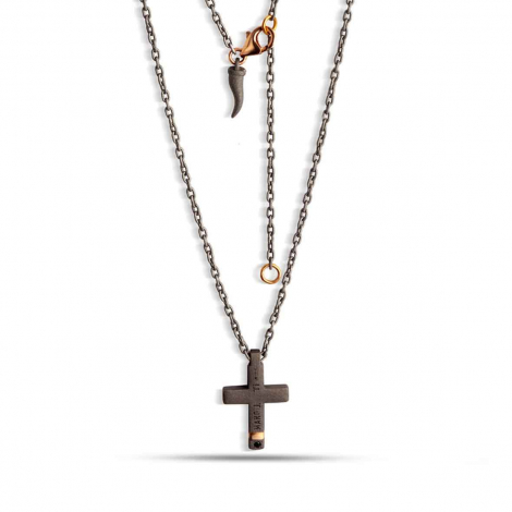 Collier Croix mano J - Diamants noirs - Titane et or