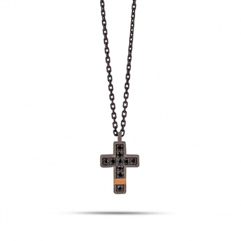 Collier Croix mano J - Diamants noirs - Titane et or
