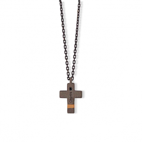 Collier Croix mano J - Diamants noirs - Titane et or