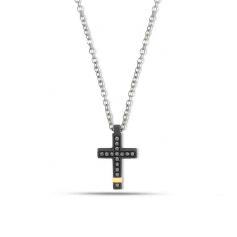 Collier Croix mano J - Diamants noirs - Titane Noir et or � combiner