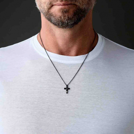 Collier Croix mano J - Diamants noirs - Titane Noir et or