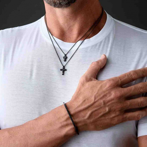 Collier Croix mano J - Diamants noirs - Titane Noir et or