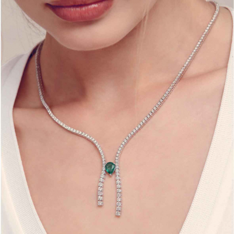 Collier Rivire de Diamants serti d'une Emeraude Poire