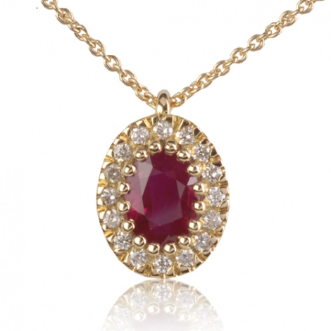 Collier Rubis ovale 1.30 ct entour de diamants 0.16 ct