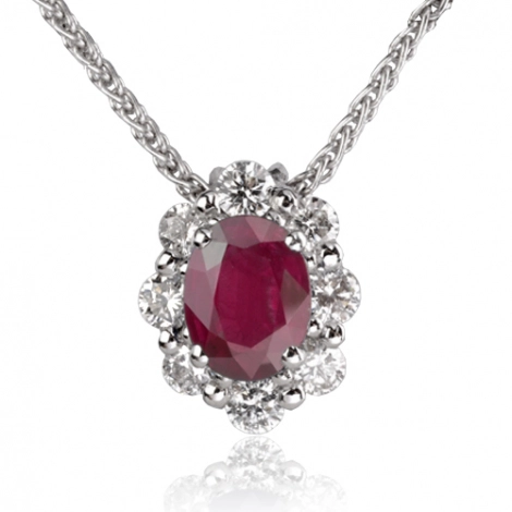 Collier Rubis ovale 1.30 ct entour de diamants 0.60 ct