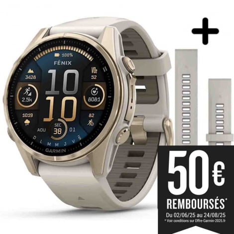 Garmin Fenix 8  43 mm, AMOLED  Sapphire Soft Gold avec bracelet cuir beige crme et bracelet silicone