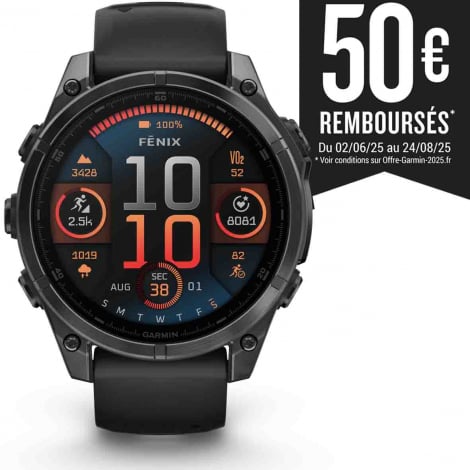 Garmin Fenix 8  47 mm  AMOLED - Titane Carbon Gray DLC - bracelet en silicone noir