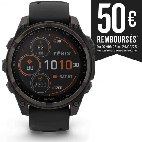 Garmin Fenix 8  47 mm  Solar Sapphire - Titane Carbon Gray DLC - bracelet silicone noir