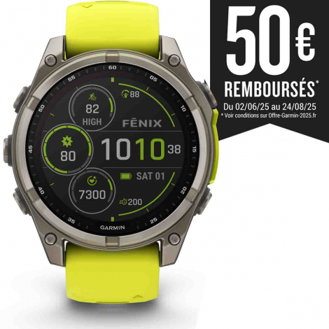 Garmin Fenix 8  47 mm  Solar Sapphire - Titanium - bracelet silicone jaune