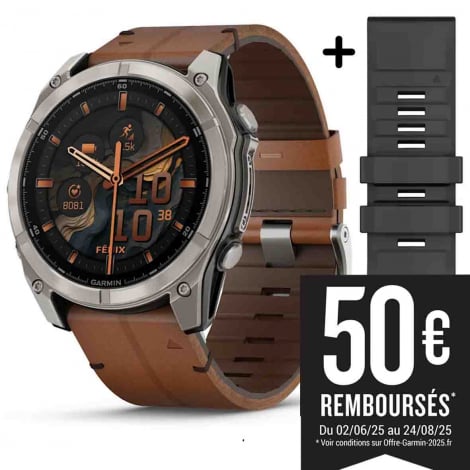 Garmin Fenix 8  51 mm, AMOLED  Sapphire, Titanium avec bracelet avec bracelet en cuir marron