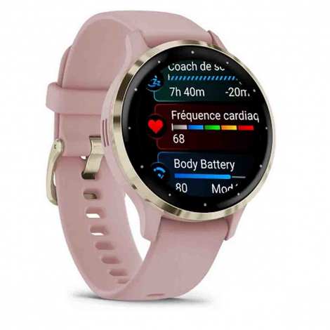 Garmin Venu 3S Lunette acier Soft Gold - botier - bracelet en silicone rose poudr