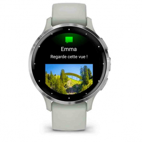 Garmin Venu 3S Lunette Silver acier inoxydable - botier vert sauge - bracelet silicone vert sauge