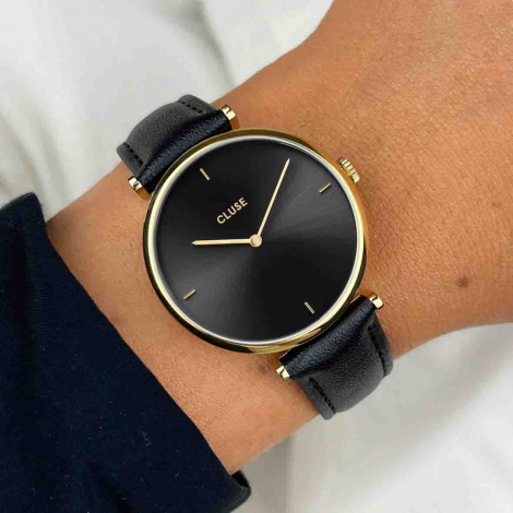 Cluse Triomphe Watch Leather, Black, Gold colour 