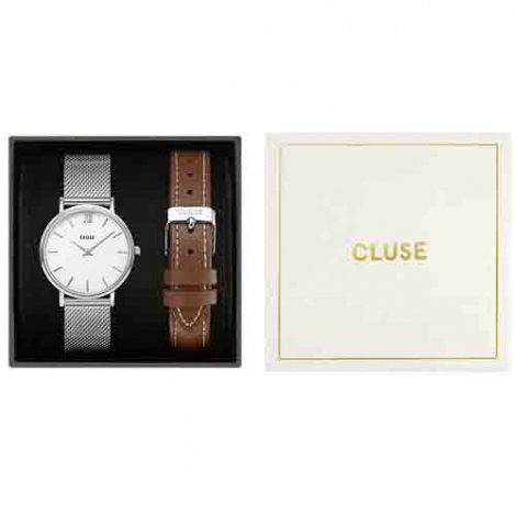 Coffret Minuit Watch & Brown Leather Strap Silver Colour
