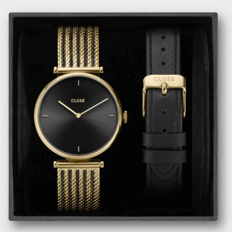 Montre Cluse Gift Box Triomphe Mesh, Gold Colour & Black Leather Strap