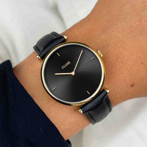 Montre Cluse Gift Box Triomphe Mesh, Gold Colour & Black Leather Strap