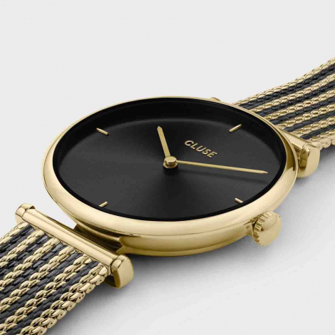 Montre Cluse Gift Box Triomphe Mesh, Gold Colour & Black Leather Strap