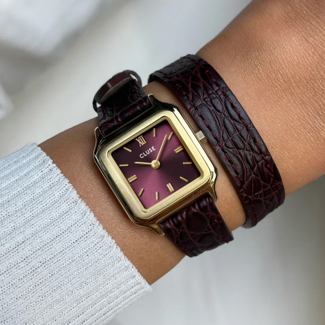 Montre Cluse Gracieuse Petite Watch Double Crocodile Leather - Wine - Golld Colour