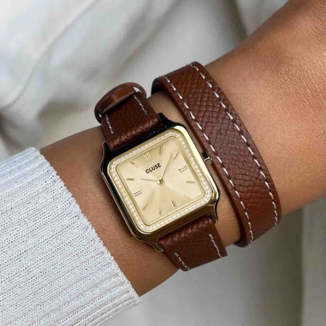 Montre Cluse Gracieuse Petite Watch Double Leather -  White stones -  Full Gold Colour