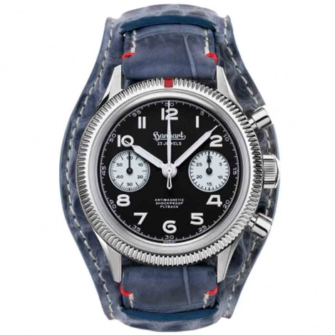 Montre Hanhart 417 ES - 39 mm - Flyback Panda - 1954 - Croco Bleu jean